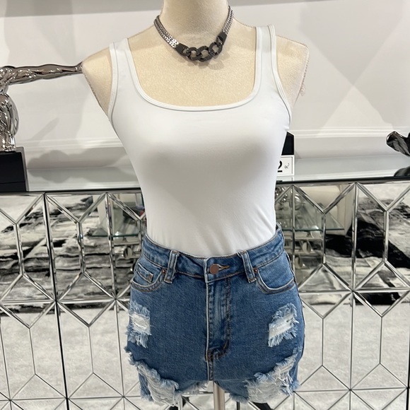 Pants - Blue denim destroyed frayed hem shorts